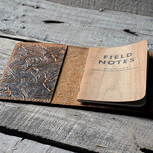 Distressed Leather Checkbook Journal Cover for Field Notes Moleskine Cahier Note book Pocket size 3.5 x 5.5 Vintage Refillable Notepad Flower Brown