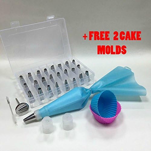 31-Pieces Cake Decorating Tips Kits Professional Icing Tip Set Tools with 24 Cake nozzles 2 Couplers 2 Cake molds 1 Reusable pastry bag|Cleaning brush|Flower nail for Cakes Cupcakes Cookies Pastry