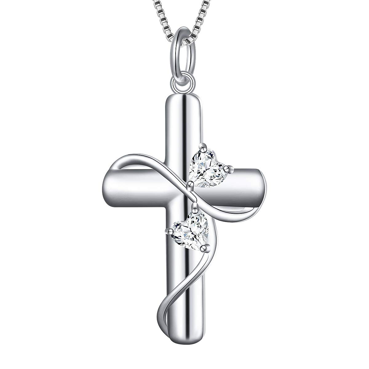 DAOCHONG Double Heart Cross Necklace Sterling Silver Cubic Zirconia Faith Hope Love Cross Pendant Necklace Easter Gifts,Box Chain 18" — image 1
