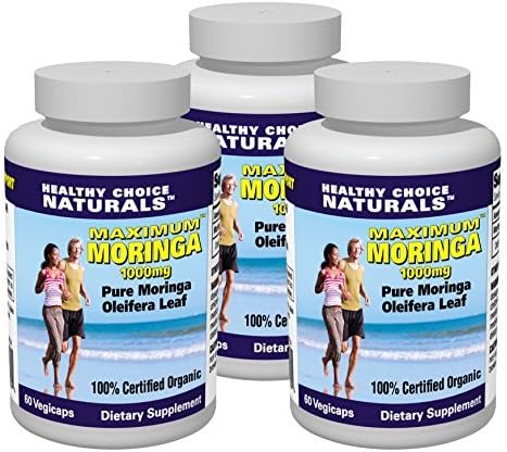 Moringa Oleifera Capsules 1000mg-100% Pure Certified Organic Moringa Capsules (3 bottles/3 months supply/180 count) by Healthy Choice Naturals