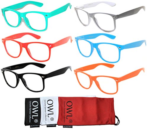 Retro Style 6 Pack Vintage Sunglasses Colored Frame Clear Lens OWL