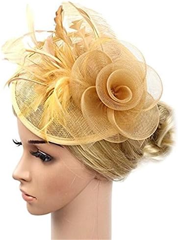 Ibeliver Fascinators Hat Flower Mesh Ribbons Feathers on a Headband and a Forked Clip Cocktail Tea Party Kentucky Derby Hat Headwear for Girls and Women (Gold)
