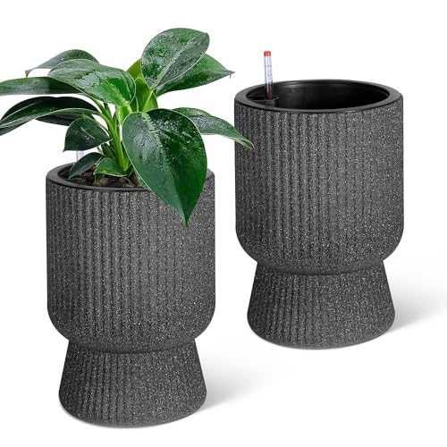 MilleLoom 14.2" Tall Planters Set of 2, Large Indoor/Outdoor Self-Watering Plan…