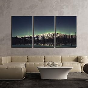 3 Piece Canvas Wall Art - Mountains by The Lake Under Starry Night with Aurora - Modern Home Art Stretched and Framed Ready to Hang - 16"x24"x3 Panels