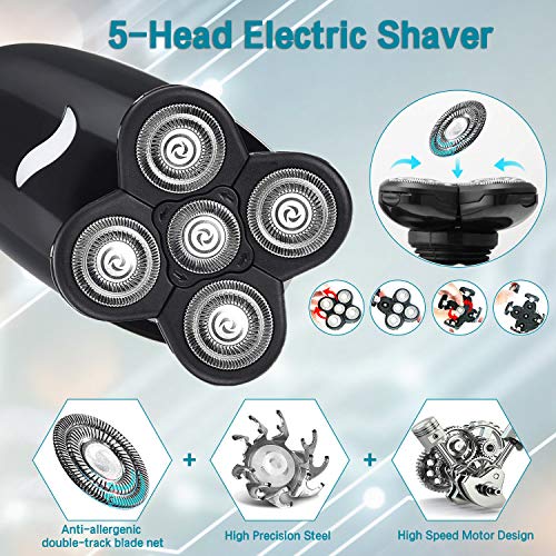 Electric Shaver for Men Grooming Kit, Cosyonall 5 in 1 Electric Razor Cordless Waterproof Wet Dry Rotary Bald Head Shaver Nose Trimmer Hair Clippers Facial Cleansing Brush, USB Rechargeable