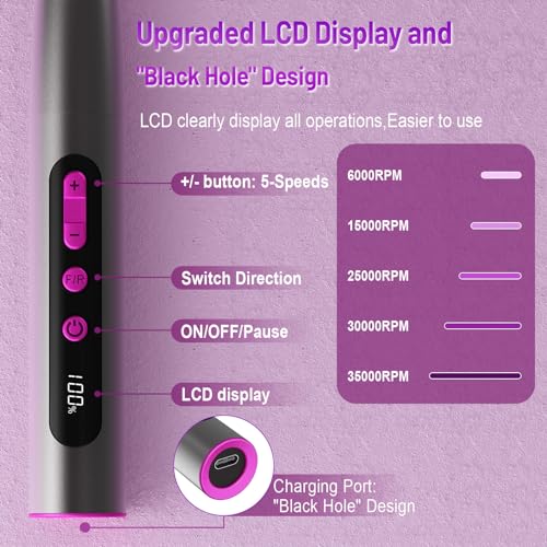 SnnyNyx Cordless Electric Nail Drill 35000 RPM, Professional Portable Nail File for Acrylic Nails & Gel Polish Removal, Low Vibration & Heat E-file with 11 Drill Bits, Salon-Quality Manicure Pedicure Kit (Matte Gray)