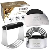 HULISEN Stainless Steel Pastry Scraper, Dough Blender & Biscuit Cutter Set (3 Pieces/ Set), Heavy Duty & Durable with Ergonomic Rubber Grip, Professional Baking Dough Tools, Gift Package