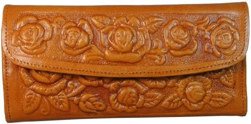 Womens Western Wallet Tooled Leather Clutch with Roses has Mirror