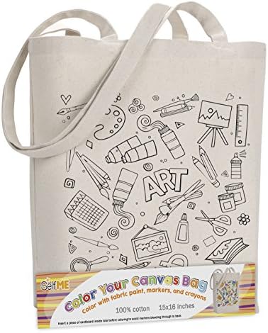 Canvas tote bag, color or paint, Natural cotton reusable canvas bag 15 x 16 inches, Exciting project for kids and adults alike. SelfMe (ART)
