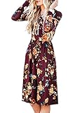 ZESICA Women's Long Sleeve Floral Pockets Casual Swing Pleated T-shirt Dress Burgundy X-Large