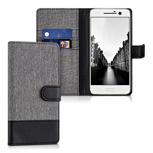 kwmobile Wallet case canvas cover for HTC 10 - Flip case with card slot and stand in grey black