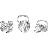 MECCANIXITY Chunky Gold Rings Set for Women Adjustable Pearl Stackable Ring Open Vintage Statement Stacking Jewelry