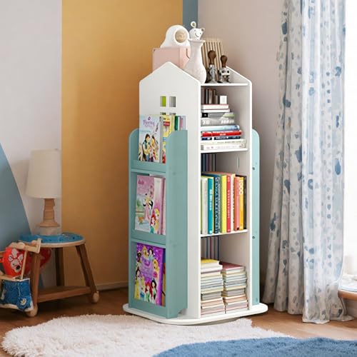 Kids Rotating Bookcase 360° Spin, 3-Tier Interactive Bookshelf for Children's Room, Playroom Corner, Floor Standing Organizer for Toys & Books, Living Room, Study (Green)