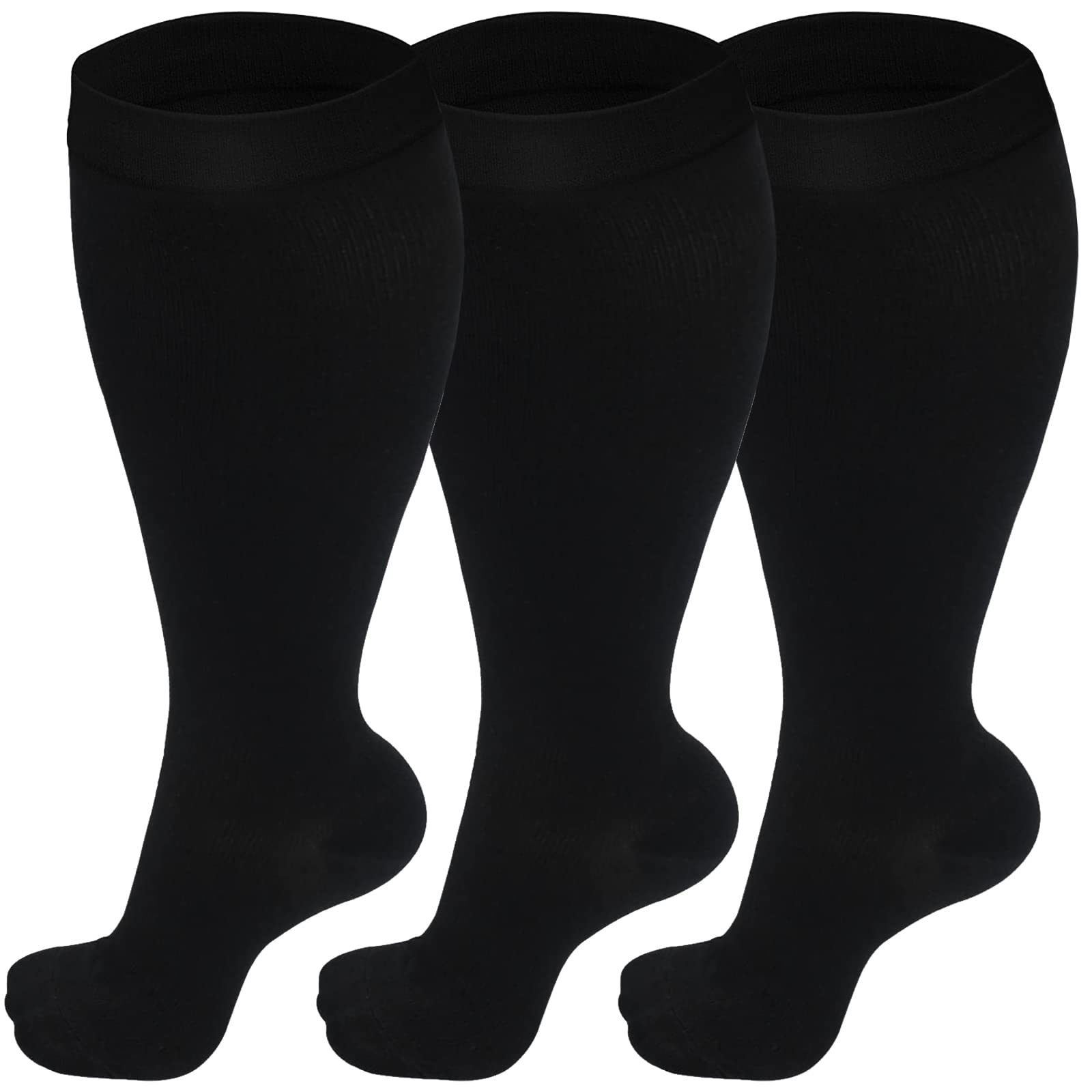 3 Pairs Plus Size Compression Socks (20-30 mmHg) for Women & Men, Wide Calf Extra Large Calves Knee High Flight Stockings for Pregnancy, Nurses, Seniors, 3XL