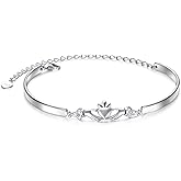 FLYOW 925 Sterling Silver Ireland Jewelry Adjustable Celtic Claddagh Bracelet Good Luck Irish Gifts for Women Birthday Gifts
