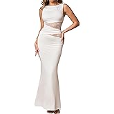 EYNMIN Lace Long Formal Wedding Guest Dress Cut Out Boat Neck Sleeveless Ruched Bodycon Maxi Dresses for Women