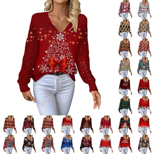 Ladies Jumpers Christmas Knitted Tree Snowflake V Neck Cutout Long Sleeve Sweaters Top Ladies Jumpers Funky Pullover Sweater Autumn Knit Tops Long Sleeve Tops Women
