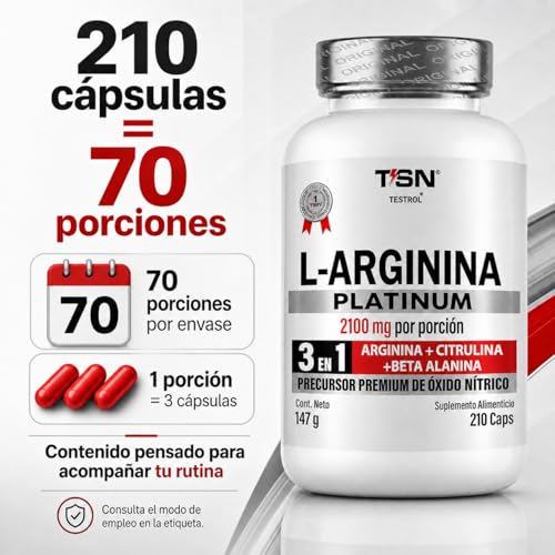 Arginina Platinum 2100mg por porción | L Arginina + L Citrulina + Beta Alanina | Pre Workout | Pre Entreno sin Cafeina | Precursor de Oxido Nítrico | Rendimiento y Energia | Testrol TSN (210 Cápsulas).
