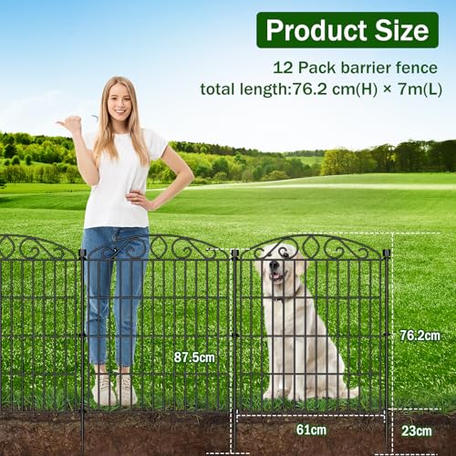 Garden Fence 12 Panel with Gate - 76.2cm H x 7 m L, No Dig Rustproof Metal Tall Animal Barrier for Dogs Rabbits, Decorative Outdoor Border for Yard, Patio, and Flower Beds