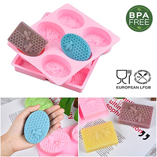 2 Pcs SJ 3D Bee Silicone Molds, Honeycomb Molds for Soaps, Cake Baking Mold, Candle Mold Resin Mold for Homemade Craft (oval & square, pink) - Thumbnail 4