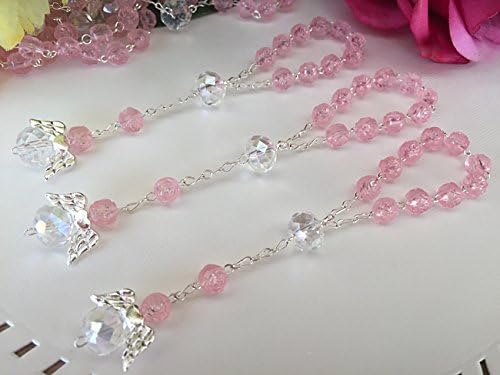 25 Pc Clear Pink Color Baptism Favors with Angels Mini Rosaries Silver Plated Acrylic Beads/Recuerditos De Bautismo/Christening Favors/Decenarios/Decades/Finger Rosaries