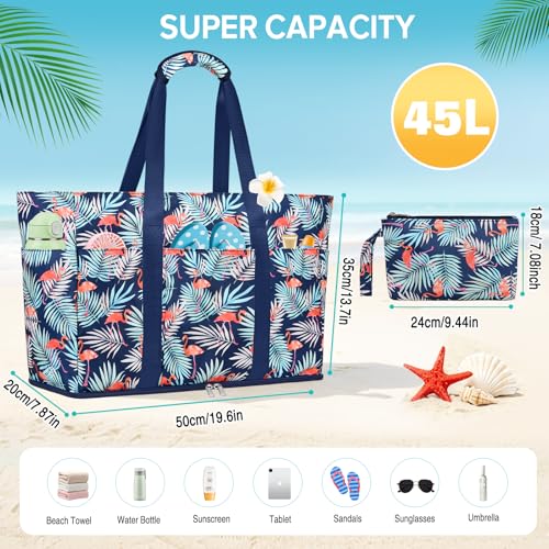 LUROON Large Women's Shoulder Bag, Corduroy Tote Bag with Zipper and Various Pockets University Bag Work Bag for Work Beach Travel School, Navy Blue Flamingos