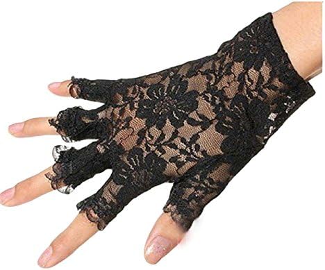 Womens Short Lace Half Finger Glove UV Protection Outdoor Gloves 03 Black