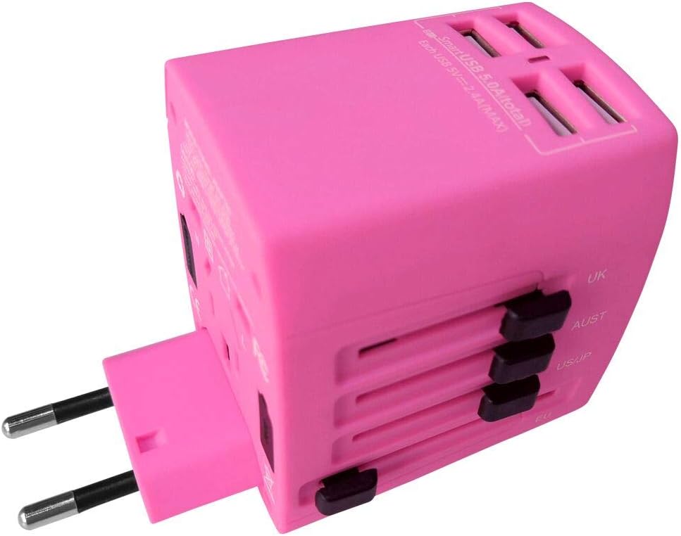 Universal Travel Adapter Gifbest World Wide All in One AC Power Plug Outlet Adapter Wall Charger with 4X 2.4A Smart Fast Charging USB Ports for Cellphone Tablet Laptop (Pink)