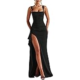 Floerns Women's High Split Tank Dress Sleeveless Ruched Square Neck Formal Party Maxi Dresses