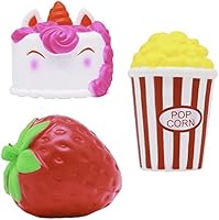 Jumbo Squishies Gift Pack (3-Piece Set) Scented Kawaii Unicorn Cake Animal, Strawberry, Popcorn | Slow-Rising, Colourful Squeeze Toy| Cute Squishy Toys for Girls, Boys, Teens, Prime | Ages 6+