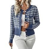 SKAYS Womens Tweed Plaid Cardigan Blazer Dressy Casual Button Front Cardigan Crew Neck Long Sleeve Texture Knit Jackets