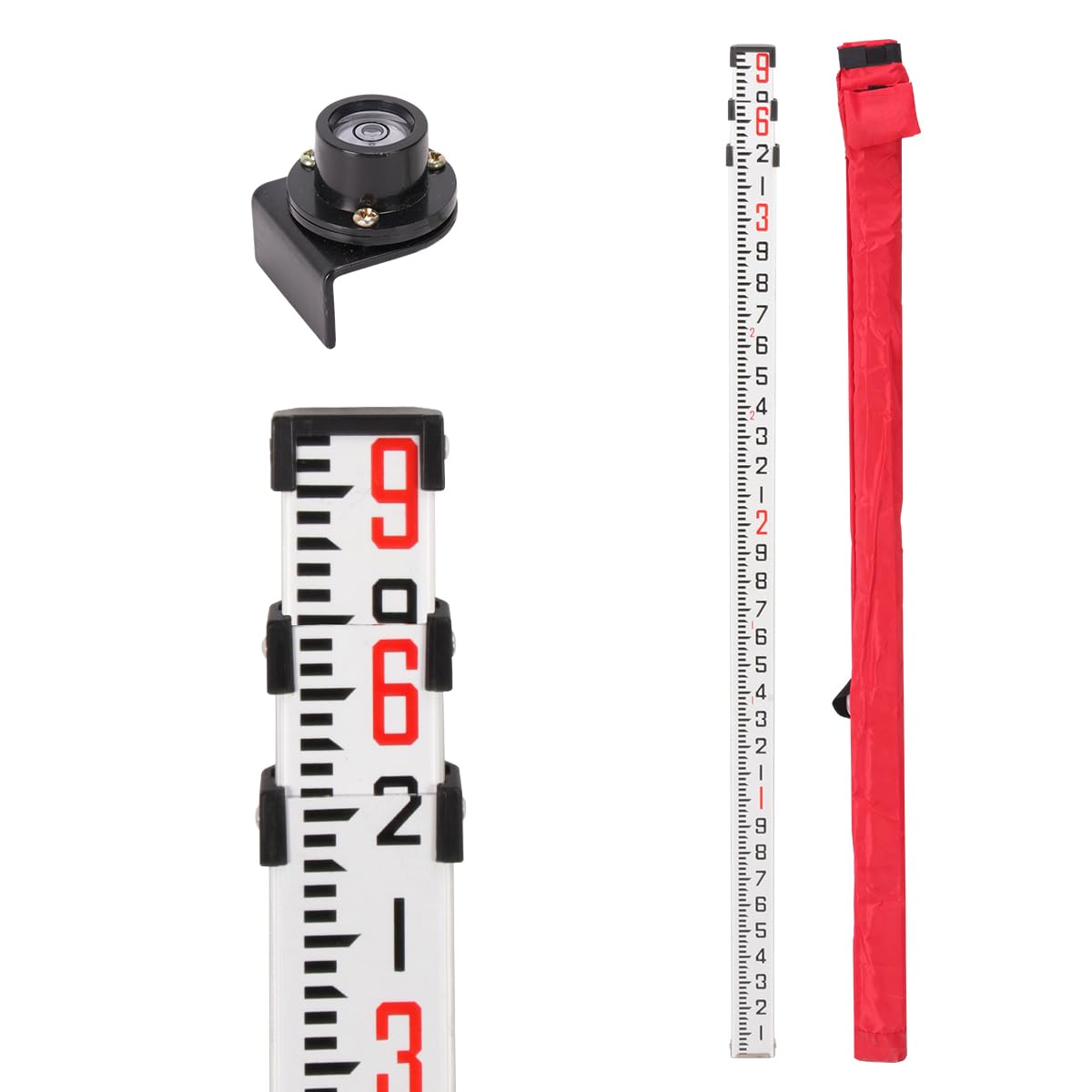 GEOLENI 9-Foot Aluminum Grade Rod- 10ths, 3 Sections Telescopic Leveling Rod Bubble Level, Dual Side Telescopic Measuring Rod with Carrying Bag for Houses, Walls, Floors and Leveling Applications