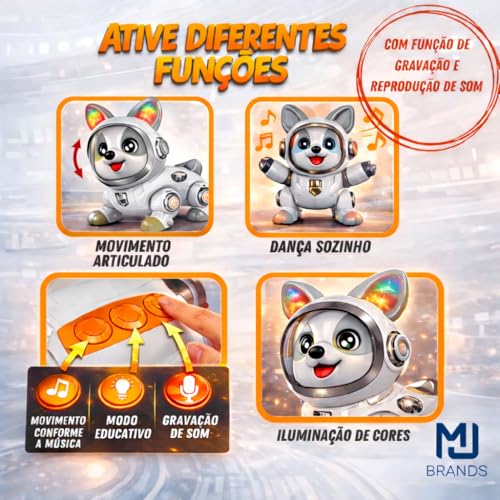 Robô Inteligente - Brinquedo Interativo: Cão Elétrico que Dança e Faz a Festa - Repete a Fala Voz - Com Gravador Gravação (BRANCO E CINZA) - MJ BRANDS