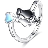 VONALA 925 Sterling Silver Cat Ring for Women Black Cat Moonstone Open Ring for Mother Adjustable suit 6-9#