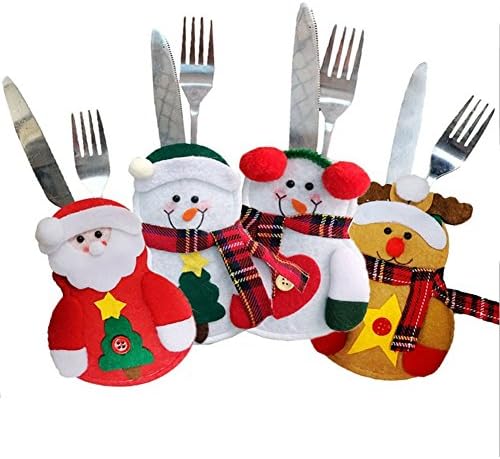 Petpuppy 4Pcs Xmas Silver Flatware Holder Pockets Snowman Knife &amp; Fork Bag Christmas Decorations Creative Home Tableware Sets