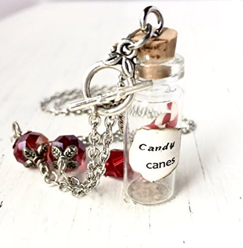 Candy Cane Vial Pendant Necklace Mini Glass Bottle Holiday Jewelry Stocking Stuffers Miniature Polymer Clay