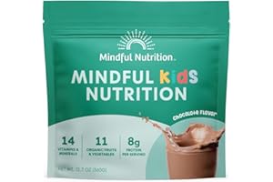 Mindful Nutrition Kids Protein Powder Shake Mix, Organic Fruit and Vegetable Green Superfoods, Vitamins, Minerals, Healthy Chocolate Milk Snack for Toddlers, Kids, Teens and Adults 12.7oz