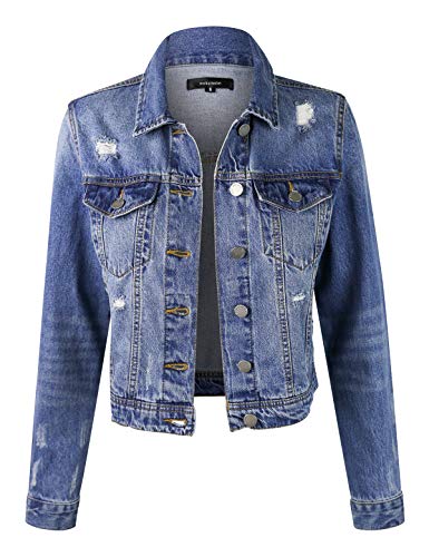 makeitmintWomen's Casual Distressed Washed Boyfriend Look Style Denim Jacket