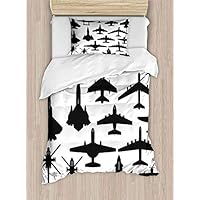 shirlyhome Bedding Comforter Sheet Set Jet Fighter Aeroplane Helicopter Military Airforce Weapons Image Black White Polyester 2 Piece Set - X-Long Twin