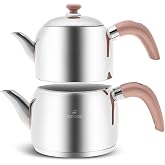 Karaca Edge Stainless Steel Induction Teapot Set, Small Turkish Teapot Set, 2.2 Qt (2.1 Liters) Total Capacity Stackable Tea Maker, Compatible with Induction, Silver &amp; Rose Gold