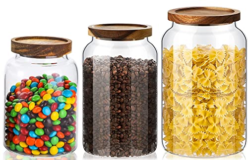 GGEROU Airtight Glass Storage Jar with Acacia Wood Air-tight Lid, 3 Pack Borosilicate Kitchen Canisters, Pantry Organization, Ideal for Coffee, Nuts, Cookie (Mix)