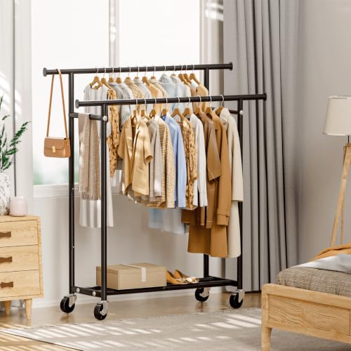 HYSEYY Double Rods Clothing Rack, Rolling Clothes Rack for Hanging Clothes, Portable Garment Rack with Wheels, Coat Rack Wardrobe Closet Load 240 LBS for Bedroom, Laundry Room