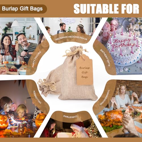 SALLYFASHION 25PCS Burlap Gift Bags With Drawstring, 4x6 Inch Drawstring Bags with Kraft Paper Tags Linen Sack Bags Jewelry Pouches for Christmas Wedding Party Favors DIY Crafts