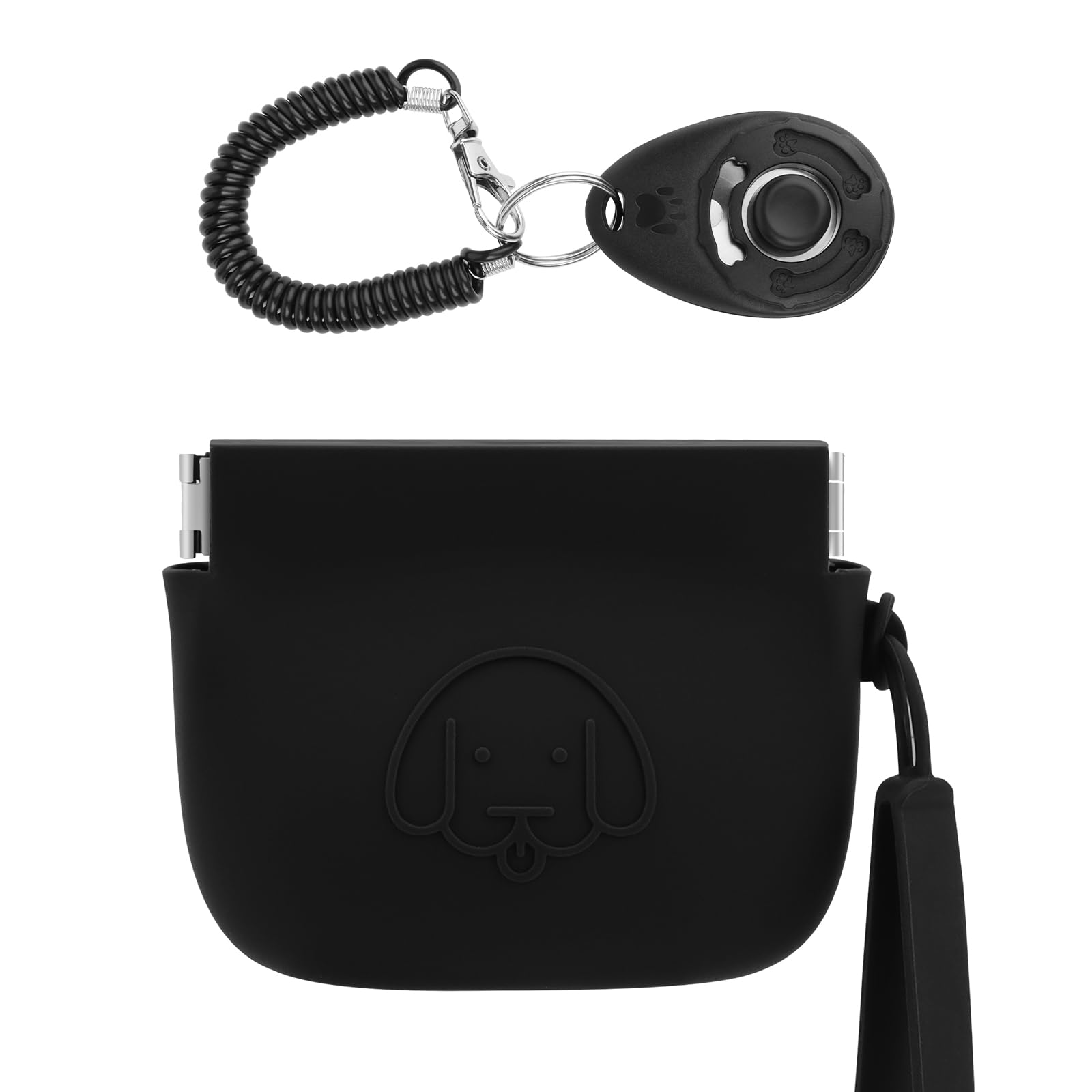 WALLFID Silicone Dog Treat Pouch Small Bag,Auto Closure,with Pet Training Clicker,Walking Bag for Dog and Cat,Pocket Size,Easy to Clean,Odorless,Travel Walking Bag (black)