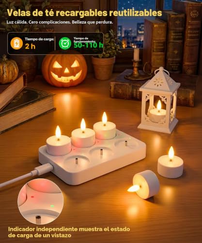 Dehobo Rechargeable LED Tea Light Candles Birthday Decoration 6 Pieces – Decorative Flame-Effect Candles with Charging Base More than 50 ~ 110 Hours – Flameless Candles for Party Home Living Room
