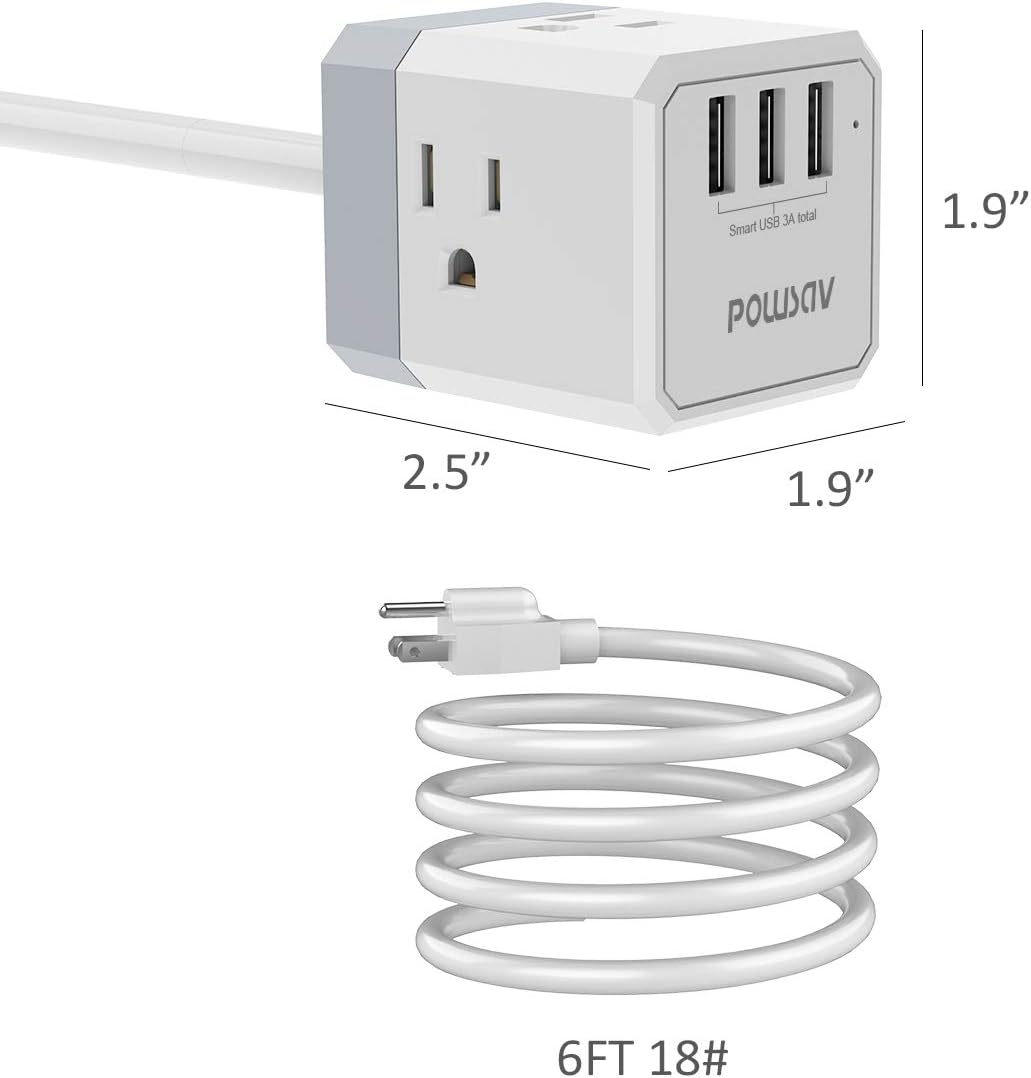 Power Strip, POWSAV Extension Cord with 3 USB Ports(Smart 3.0A Total) and 3-Outlet Extender, 6 Feet Cord, Compact Size for Cruise Ship, Home, Office,Dorm Essentials, ETL Listed: Home Audio & Theater
