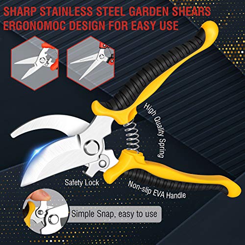 Sécateur de Jardin, Secateur force cisaille jardinage en acier inoxydable Sharp avec sac de rangement, mécanisme de verrouillage et poignée antidérapante pour tiges de branches, fleurs, haies, fruits
