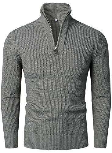 HOOD CREW Herren Strickpullover Mit Reißverschluss Stehkragen Langarm Sweaters Basic Männer Pullover Grau M