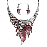 OKAJEWELRY Leaf Statement Necklace Earrings Prom Wedding Bridal Jewelry Sets (Red)
