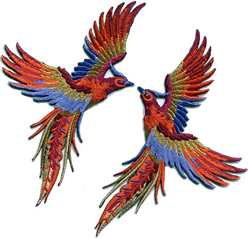 Phoenix phenix birds orange wine blue gold embroidered appliques iron-on patches pair S-1336